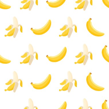 Yarısı muz, dilimler ve yapraklar beyaz arka planda izole. Vektör.