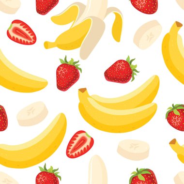 Yarısı muz, dilimler ve yapraklar beyaz arka planda izole. Vektör.