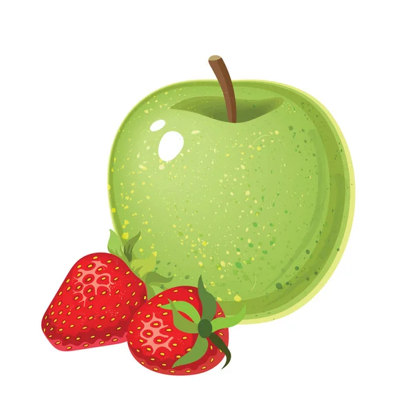 Vektorillustration von Bio-grünem Apfel mit Erdbeere. — Stockvektor
