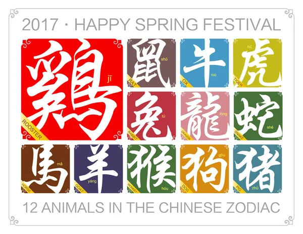 Vector Chinese zodiac signs with the year of the rooster in 2017 — Stock Vector