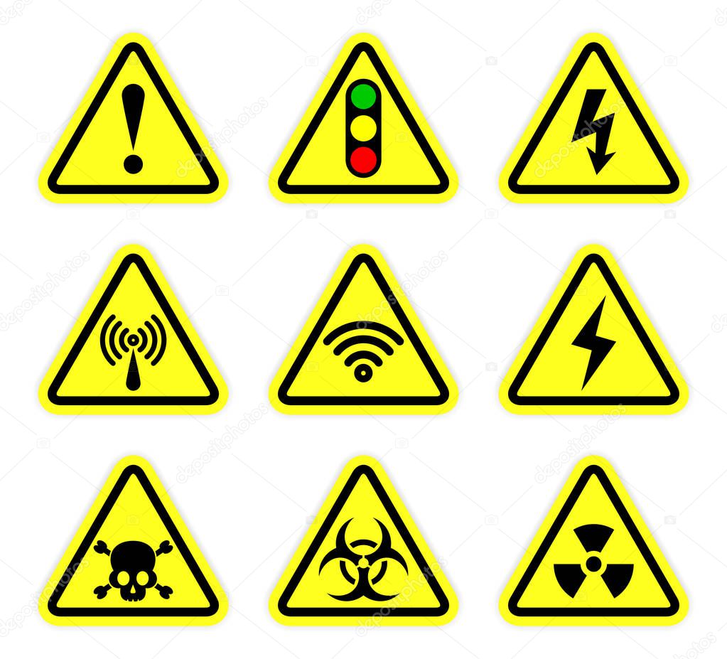 Vector warning, signal symbol and radiation sign set 