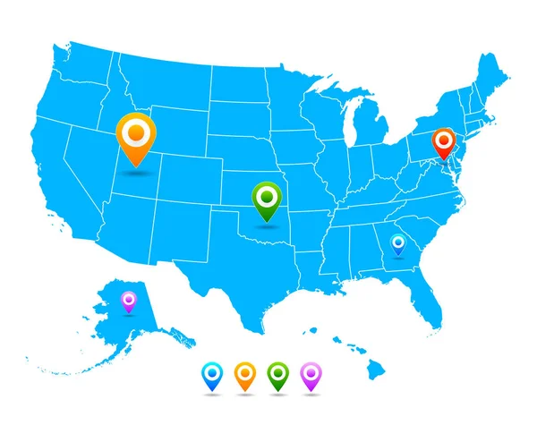 Vektör Amerika Birleşik Devletleri (ABD) harita izole işaretçilerle — Stok Vektör