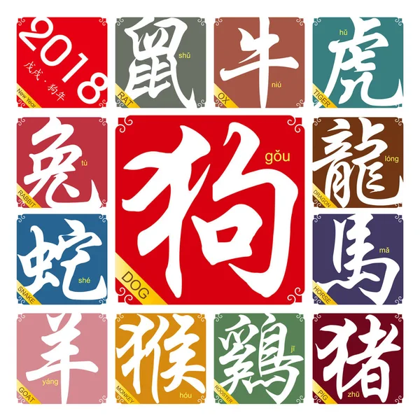 Vetor Chinês Signos Zodíaco Com Ano Cão 2018 — Vetor de Stock