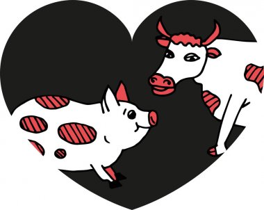 İnek ve domuz beyaz ve kırmızı renklerde. Karikatür tarzı.
