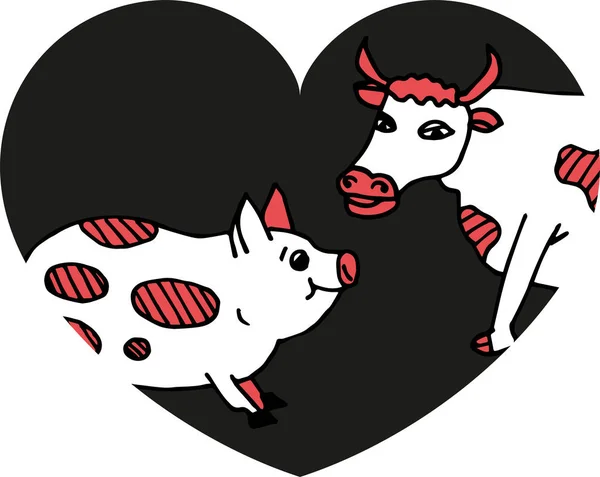 Vaca y cerdo en colores blanco y rojo. Estilo de dibujos animados . — Archivo Imágenes Vectoriales