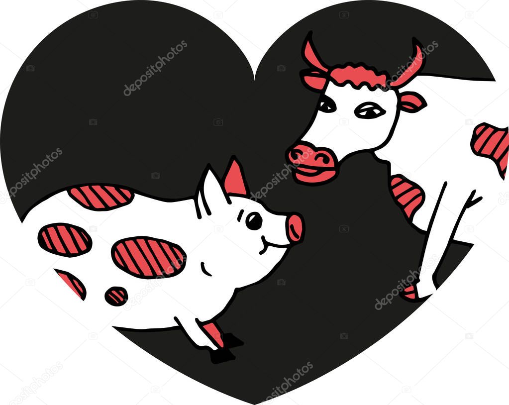 Cow and pig in white and red colors. Cartoon style.