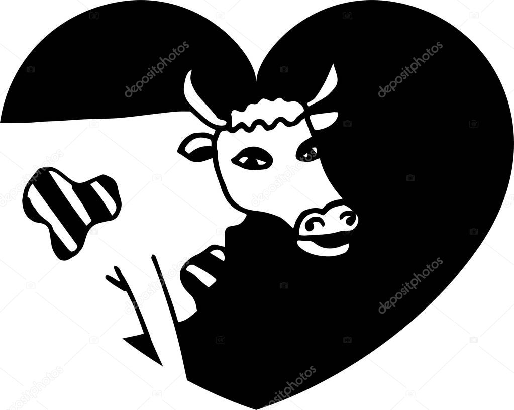 Cute cow. Head of cow in heart. 