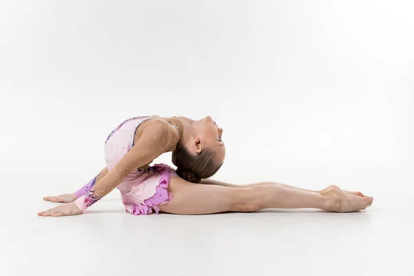 Young Teenage Girl Leotard Shows Gymnastic Ballet Exercises White Background — Stock Photo, Image