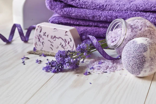 Towels, soap, bath bombs and salt — Stock Photo, Image