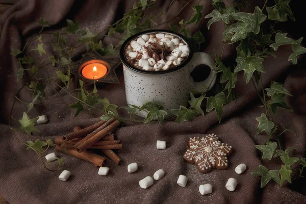 Coppa Con Cioccolata Calda Marshmallow Con Biscotti Bastoncini Cannella Tessuto — Foto Stock