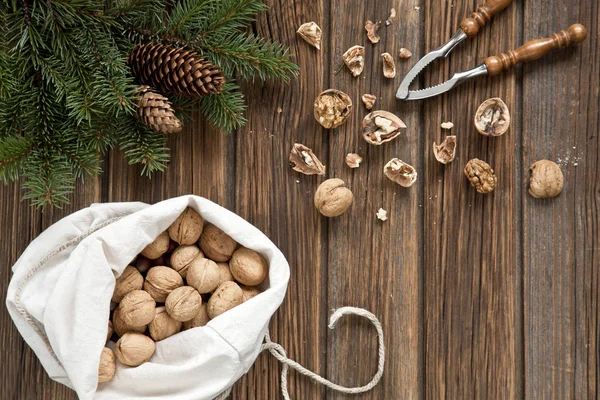 Walnuts with Nutcracker and decor — Stok fotoğraf