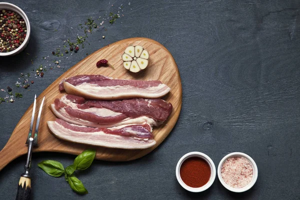 Gros Plan Composition Avec Tranches Bacon Sur Planche Bois Soupe — Photo