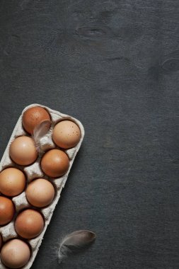 close-up of fresh homemade eggs on grey table.  
