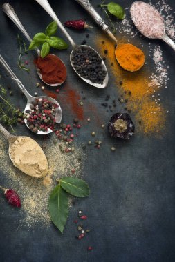 close-up of colored spices in metal spoons on black table background