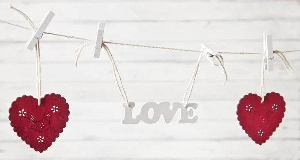 Close Red Hearts Love Figure White Wooden Background Valentines Day — Stock Photo, Image