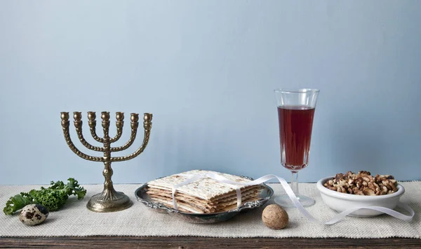 Close Jewish Food Red Wine Nuts Wooden Table Background — Stock Photo, Image