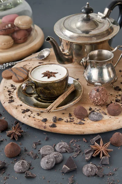 Close Brown Cup Coffee Milk Cookies Wood Board Table Vintage — Stok Foto