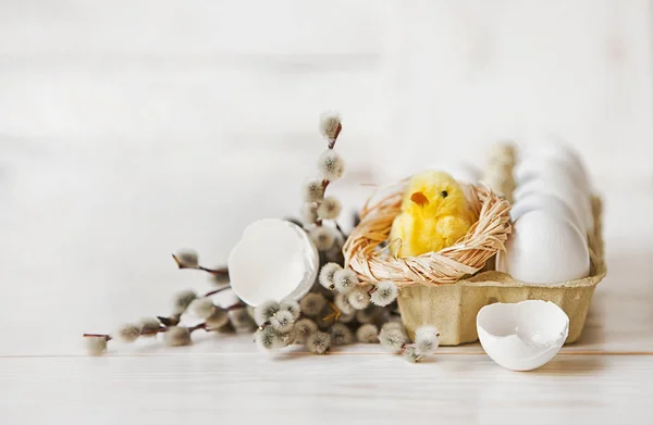 Primer Plano Huevos Blancos Caja Con Coño Sauce Pequeño Juguete — Foto de Stock