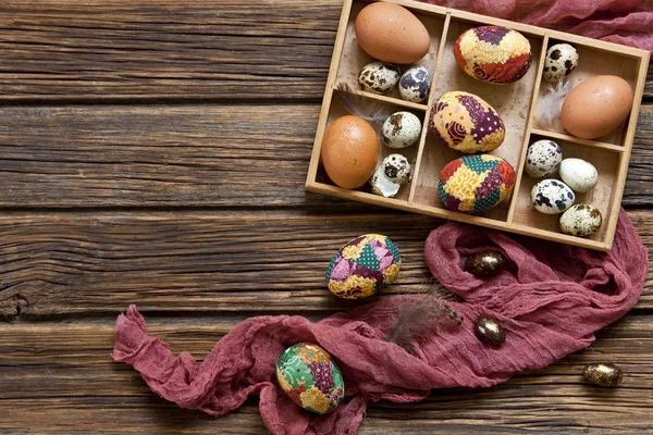 Close Brown Bird Eggs Quail Eggs Wood Box Red Scarf — Stok Foto