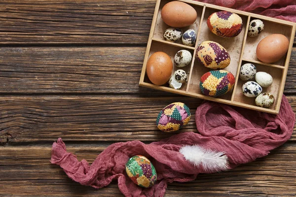 Close Brown Bird Eggs Quail Eggs Wood Box Red Scarf — Stok Foto