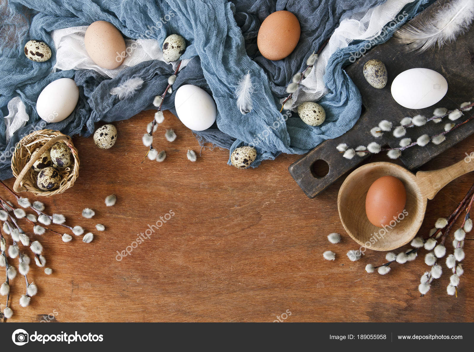 Close Brown Bird Eggs Quail Eggs Blue Scarf Wooden Background — Stock