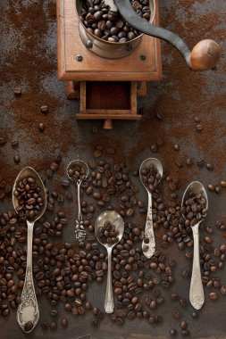metal kaşık aroma kahvenin ve siyah tablo arka plan üzerinde kahve öğütücü ile yakın çekim fotoğraf