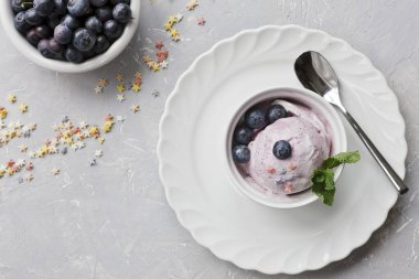 Yaban mersini dondurma ve nane ile yaban mersini Close-Up gri bir arka plan üzerinde beyaz bir kase içinde bırakır. Üstten Görünüm, seçici odak, sığ derinlik-in tarla