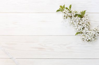 güzel bahar çiçekleri Beyaz ahşap masa arka plan üzerinde kiraz ağacının yakın çekim fotoğraf 