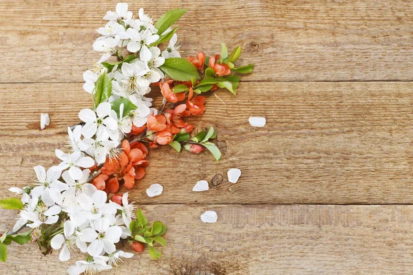 Foto Ravvicinata Bellissimi Fiori Primaverili Ciliegio Sfondo Tavolo Legno — Foto Stock