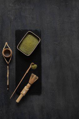 Kibrit yeşil çay seremonisi seti - kibrit tozu, tahta kaşık