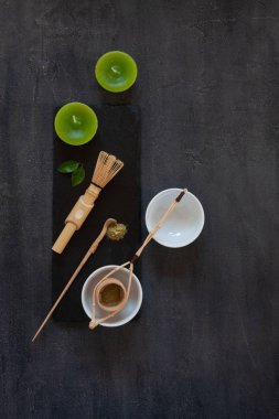 Kibrit yeşil çay seremonisi seti - kibrit tozu, tahta kaşık