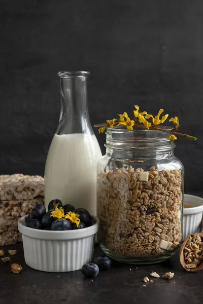 Siap sarapan granola, muesli dengan blueberry segar matang — Stok Foto