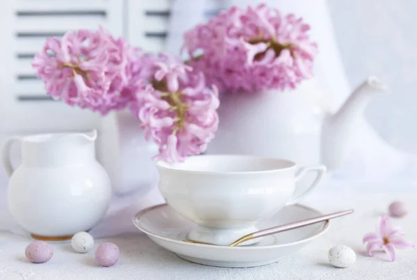 Fresh Beautiful Bouquet Pink Hyacinths Cup Coffee Breakfast Mother Day — Stock Photo, Image