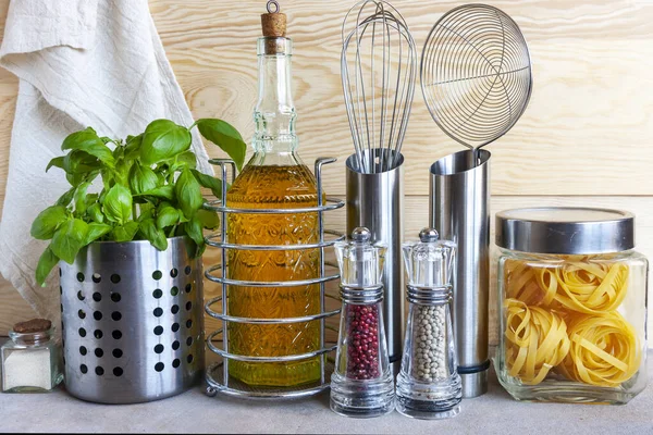 Jars Cereals Kitchen Utensils Home Plants Healthy Surroundings Comfortable Kitchen — Stock Photo, Image