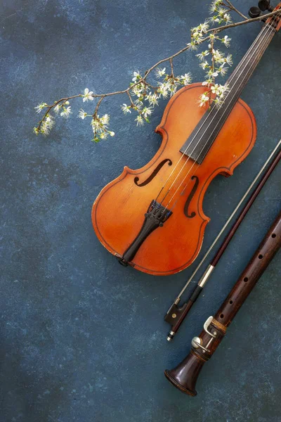 Violin, bow and flute on a blue pantone 2020 background with a branch of blooming cherry