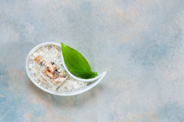 Mavi gökyüzü arka planında SPA konsepti Aromatik deniz tuzu, deniz kabuğu ve yeşil bitki yaprağı.
