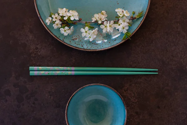 Spring Floral Japanese Food Concept Blooming Cherry Tree Branches Blue — Stock Photo, Image