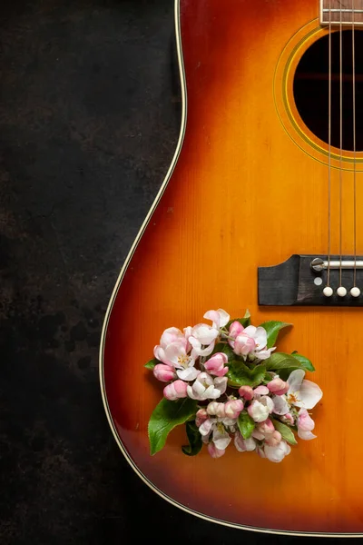 Guitarra Acústica Flores Macieira Fundo Marrom Escuro — Fotografia de Stock