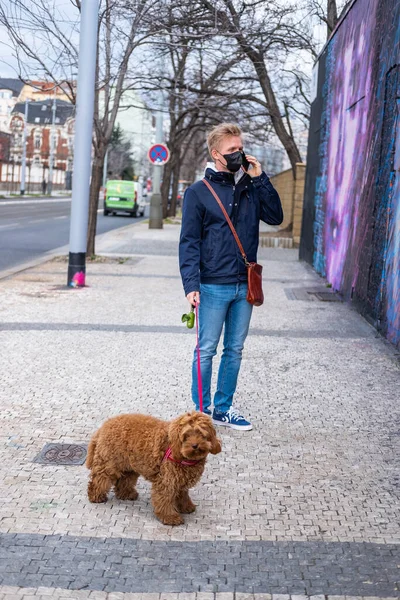 Adam yüz maskesi takan köpeği gezdiriyor. 