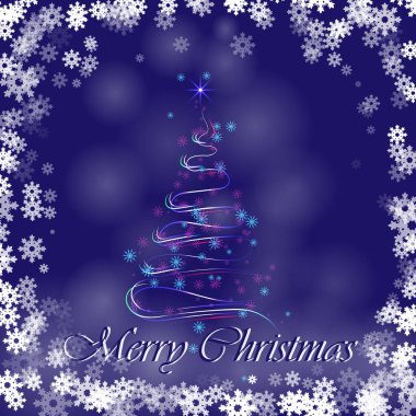 Noel ağacı şeklinde bir çelenk ve gece gökyüzünde yuvarlak bir kar taneleri dansı.