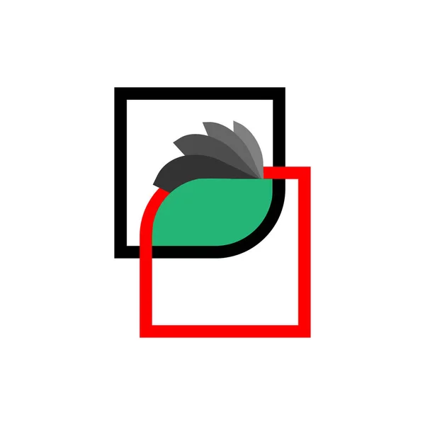 Elegante logo en forma de dos rectángulos de rojo y negro en la intersección forman una hoja verde — Vector de stock