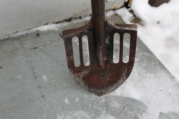 シャベルは穴のある金属で 氷の上に立っているシャベルの氷 写真です 穴のある工具 金属は錆びています 木製のハンドル — ストック写真