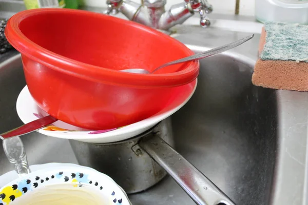 Грязная Посуда Металлической Раковине Кухне Фото Грязной Посуды Кухне Раковина — стоковое фото