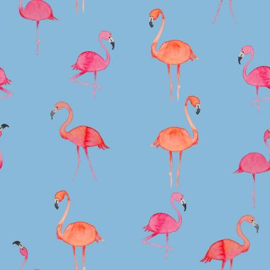 Tropikal kuşlar egzotik bileşimi pembe flamingo. Orman plaj Dikişsiz desen duvar kağıdı mavi bırakır ve arka plan çiçekler