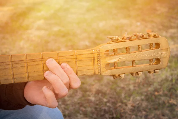 Музикант з гітарою на траві літо — стокове фото