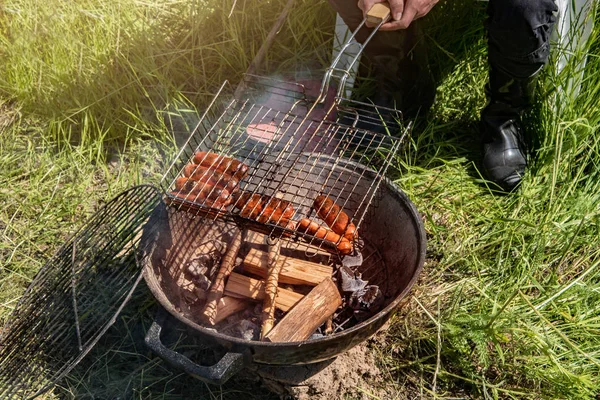 Sausages Fried Grill Open Fire — Stock Photo, Image