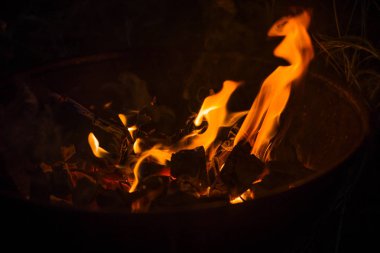 Bir Barbekü, ormanın içinde şehir dışında bir yürüyüş içinde yanan ateş