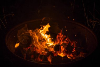 Bir Barbekü, ormanın içinde şehir dışında bir yürüyüş içinde yanan ateş