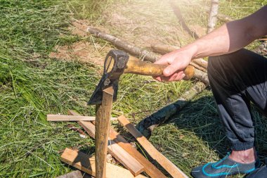 Bir adam yakacak odun yürüyüşe yaz günü pirzola
