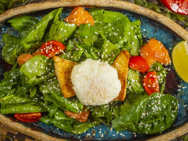Salade savoureuse avec oeuf, tomate, sauce guacamole, craquelins, citron vert et herbes sur une assiette artisanale — Photo